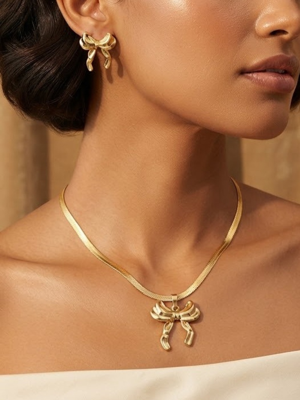 Stainless Steel Gold Bow Pendant Necklace and Earrings Set - Women Jewelry